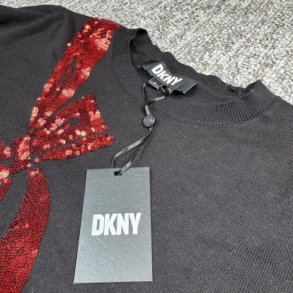 DKNY Womens Small Black Red Sequin Bow Crew Neck Holiday Sweater NWT - Picture 3 of 8